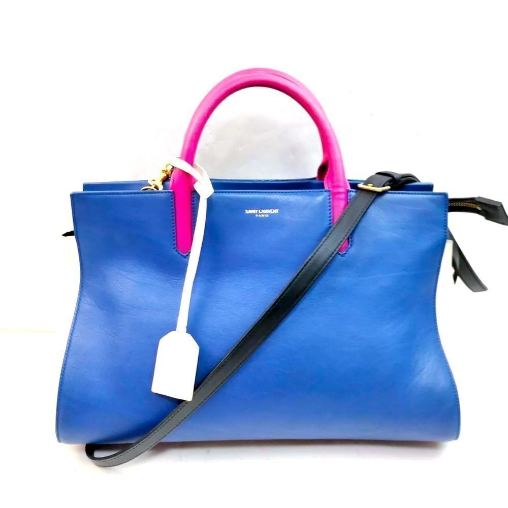 Saint Laurent Calfskin Small Cabas Rive Gauche Multicolor Blue White Pink Tote